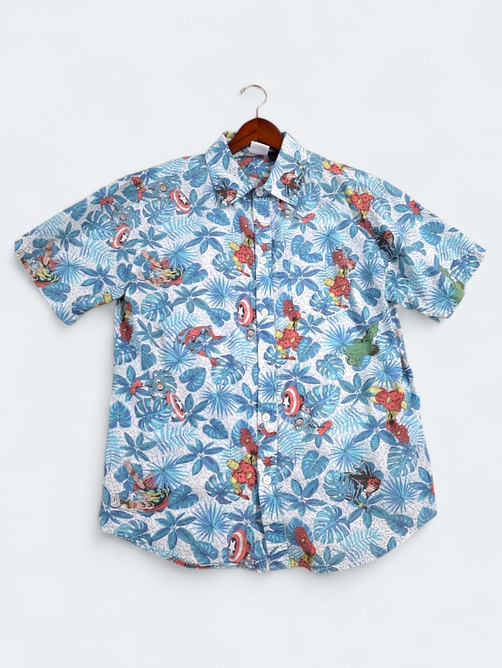 Marvel Comics Retro Avengers Tropical Vacation Button Down Shirt Medium Hawaiian